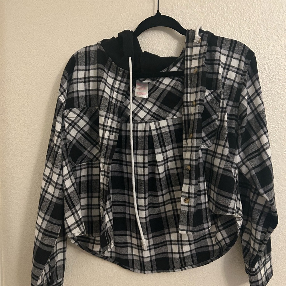 Plaid Hooded Button-Front Shirt Jacket - Black & White